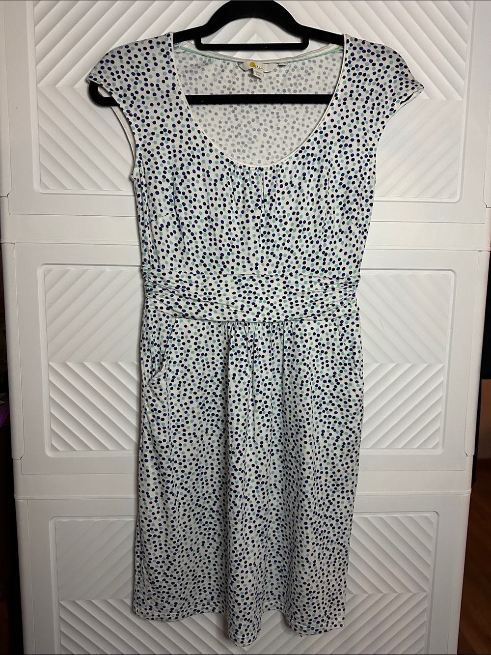 Boden White Midi Dress with Blue and Green Dot Print